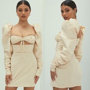 MISTRESS ROCKS HOUSE OF CB Dreamscene Beige Tan Puff Sleeve Cut Out Mini Dress